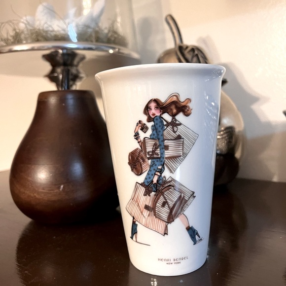 Rare HTF Henri Bendel New York Porcelain Travel Shopper Girl Coffee Tumbler Cup